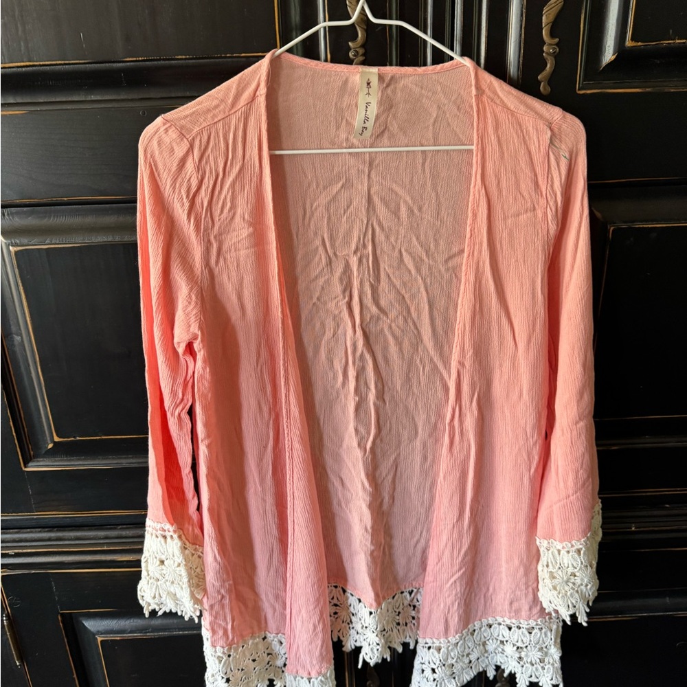 Vanilla Bay Blush Cardigan with Lace Detail